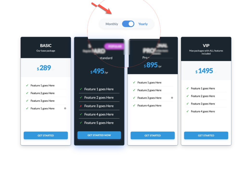 Toggle wp Premium pricing tables between monthly and yearly pricing options
