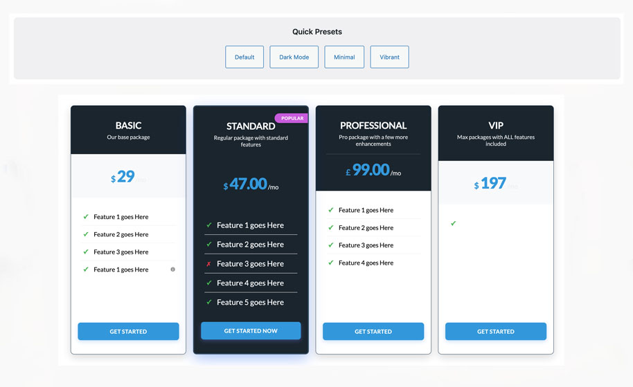 NEW Home Page 3 Wordpress Pricing table with four subscription options