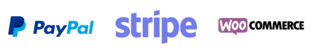 Payment service logos: PayPal, Stripe, WooCommerce to easily and quickly integrate payments into pricing tables